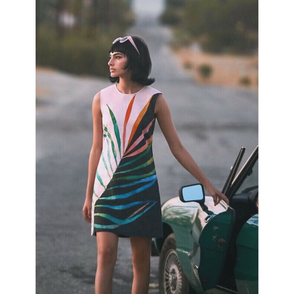 {Anthropologie} Conditions Apply - Palm Print Shift Mini Dress MOD RETRO size L